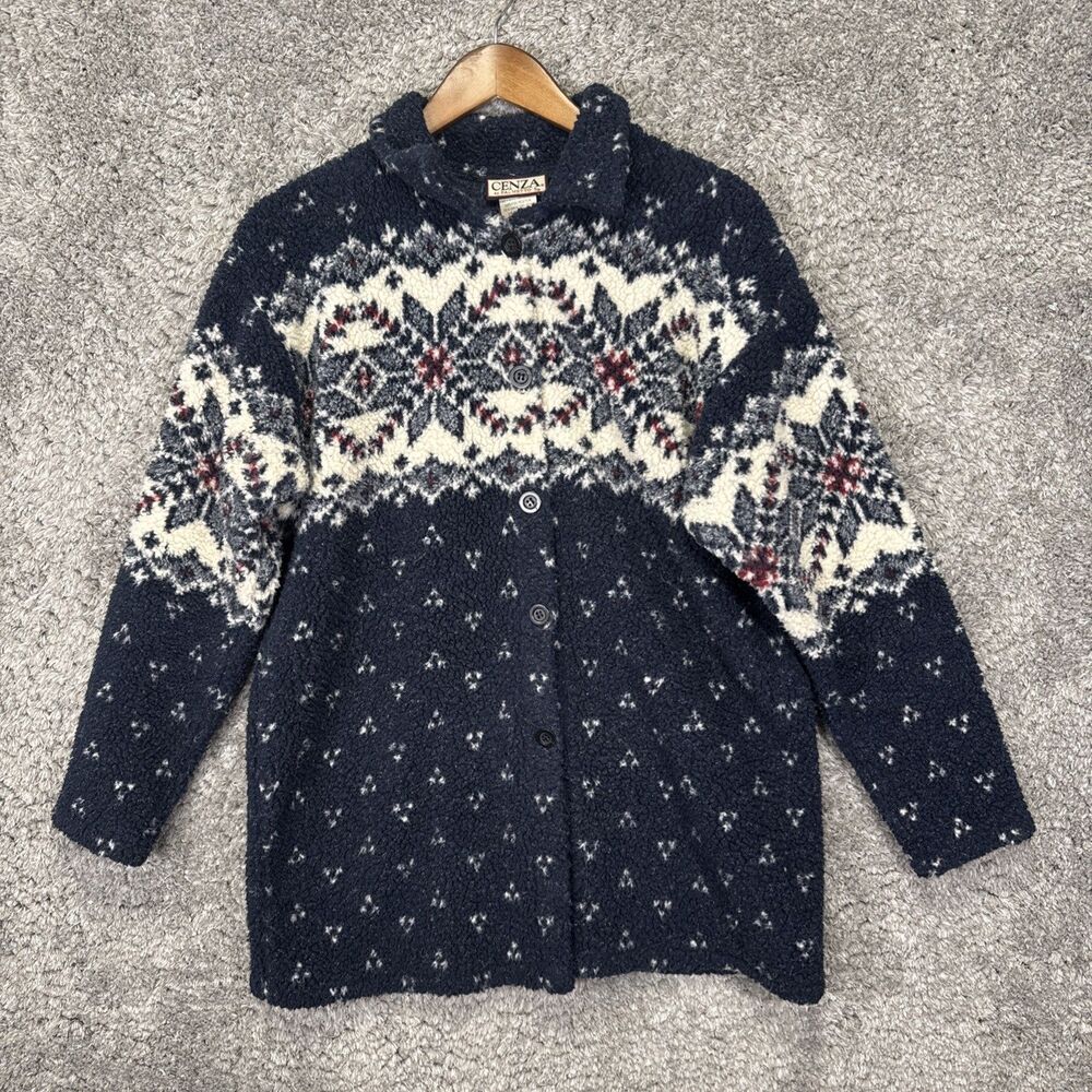 Vintage 90s Teddy Fleece Jacket Nordic Fair Isle Small USA Blue White Collared
